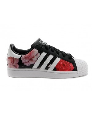 Adidas Superstar 2 red rose print black white Womens Casual Shoes